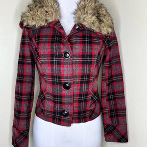 Heritage 1981 Wool Blend Jacket Small Womens Faux Fur Plaid Red Western Outdoor